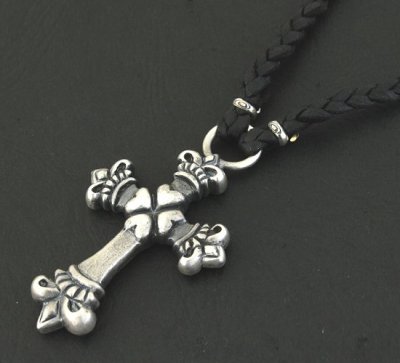 Photo5: Quarter 4Heart Crown Cross braid leather necklace