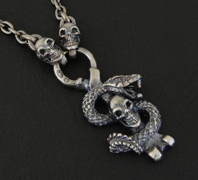 Photo2: Half Snake Skull With Quarter Skull Chain Necklace