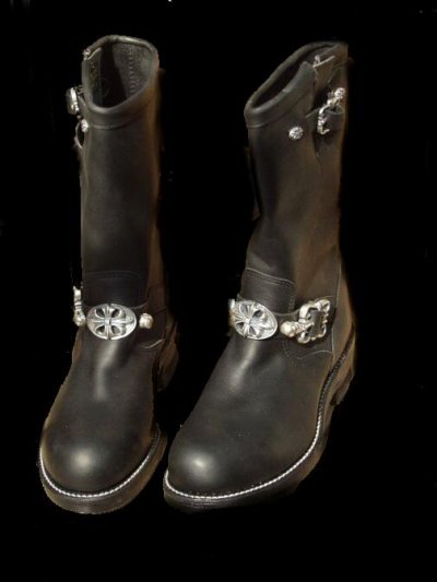 Photo1: Long Boots with Cross Oval & 2 Skull