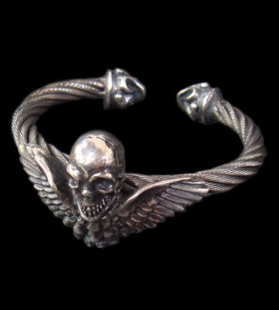 Photo1: Wing Skull With Roller Tip Wire Bangle