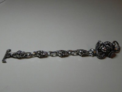 Photo2: Skull On Snake With 4Skulls & Chain Links Bracelet