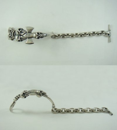 Photo5: Triple Skull Dagger On Crown With Chain Links Bracelet