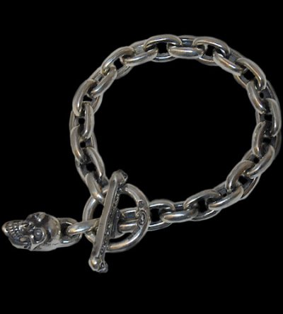 Photo1: Small Oval Chain Links With 1Drop Skull Bracelet