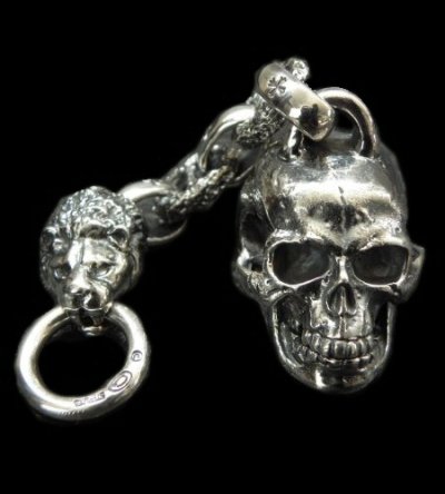 Photo1: Half Large Skull With H.W.O & Chiseled Anchor Links With Lion Head Wallet Hanger