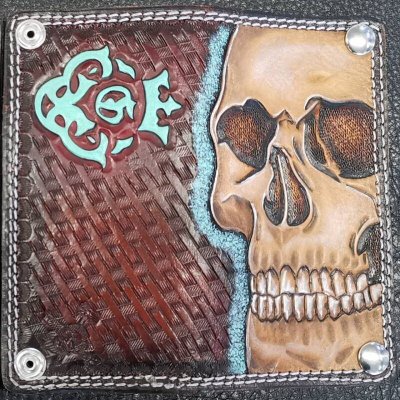 Photo1: Cow Leather Art Work Biker Wallet