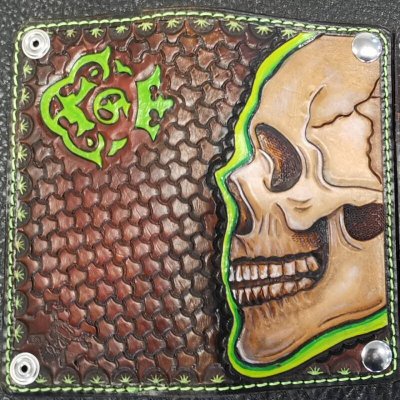 Photo1: Cow Leather Art Work Biker Wallet