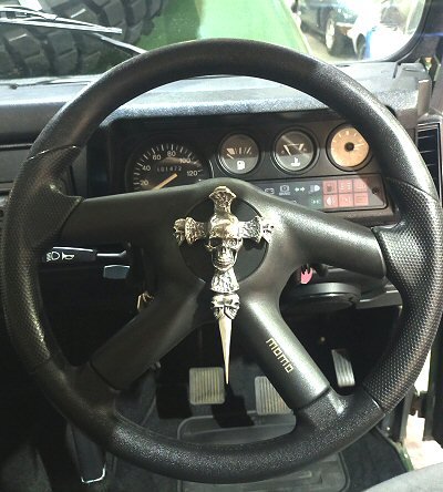 Photo1: Large Skull On 2 Skulls Hammer Cross Double Face Dagger Steering Wheel Ornament