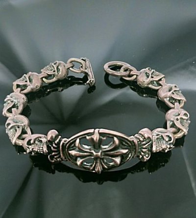 Photo2: Quarter Cross Oval With Crown & 9 Quarter Skull Links Bracelet