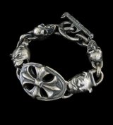 Cross Oval With 2Bulldogs & 2Skulls Bracelet