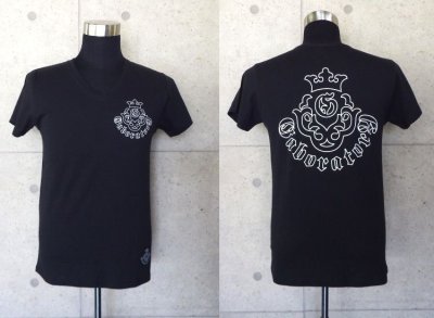 Photo1: Atelier mark V-neck T-shirt [Black/Outline]