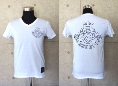 Photo1: Atelier mark V-neck T-shirt [White/Outline]