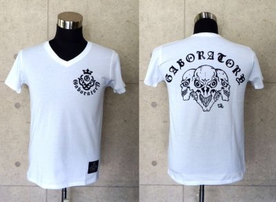 Photo1: Triple Skull V-neckT-shirt [White]