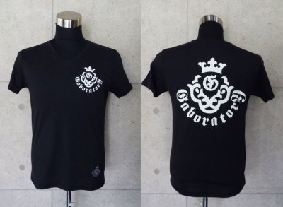 Photo1: Atelier mark V-neck T-shirt [Black]