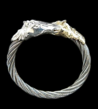 Photo1: Gold & Silver Horse With Teeth Cable Wire Bangle