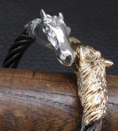 Photo2: Gold & Silver Horse With Teeth Cable Wire Bangle