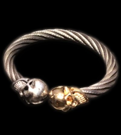 Photo1: 10k Gold & Silver Skull Cable Wire Bangle