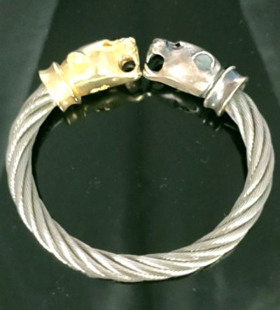 Photo1: 10k Gold & Silver Panther Cable Wire Bangle