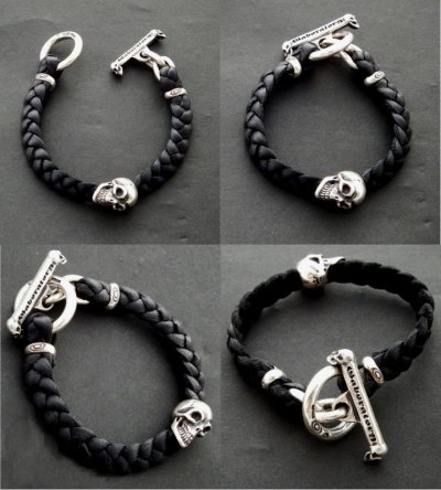 Photo2: Skull On braid leather bracelet