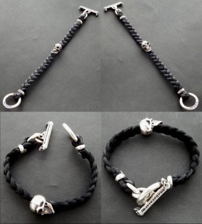 Photo3: Skull On braid leather bracelet