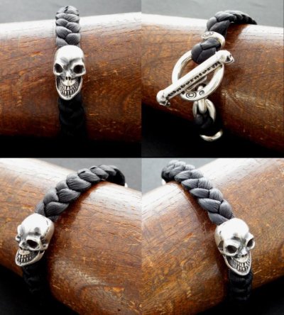 Photo5: Skull On braid leather bracelet