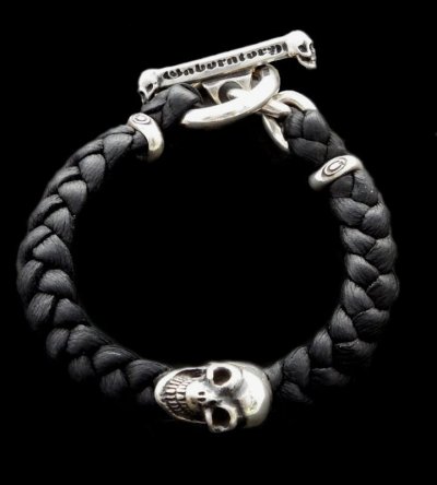 Photo1: Skull On braid leather bracelet