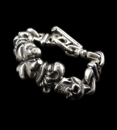 Photo1: 2Skull On 4 Heart Crown & Boat Chain Links Chain Bracelet