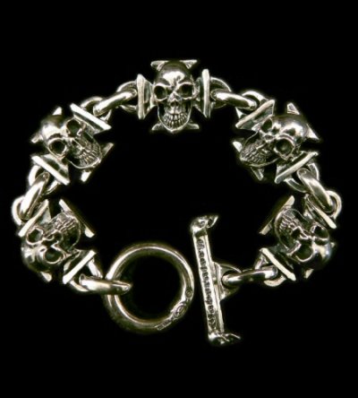 Photo1: 5 Skull On Iron Cross Bracelet