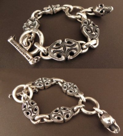 Photo3: All Sculpted Oval Links & Skull Drops Bracelet