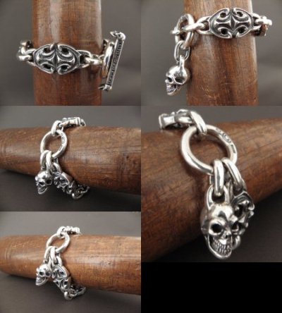 Photo5: All Sculpted Oval Links & Skull Drops Bracelet