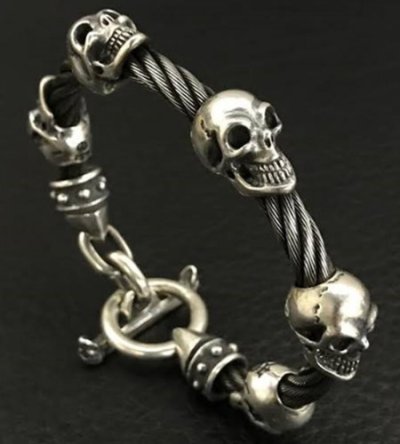 Photo1: 5Skulls with stud bolo neck cable wire bracelet