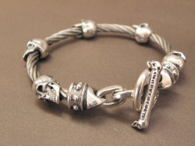 Photo3: Quarter 5Skulls with stud bolo neck cable wire bracelet