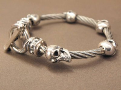 Photo4: Quarter 5Skulls with stud bolo neck cable wire bracelet