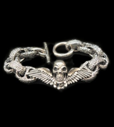 Photo1: Wing Skull With Chiseled H.W.O & Chiseled Anchor Links Bracelet