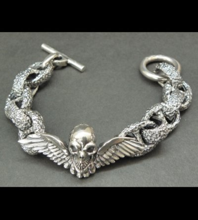 Photo2: Wing Skull With Chiseled H.W.O & Chiseled Anchor Links Bracelet