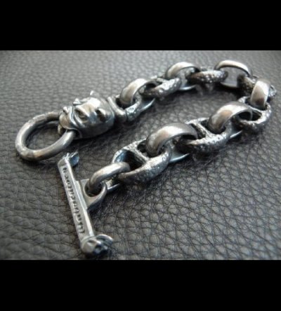 Photo2: Bulldog With Textured Anchor Links & Smooth H.W.O Bracelet