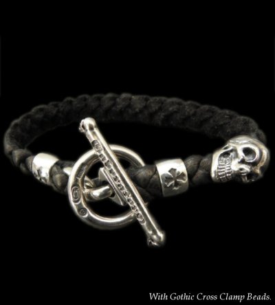 Photo1: Skull On Braid Leather Bracelet With Phantom T-bar