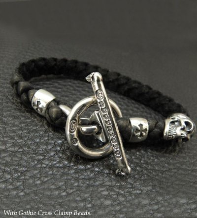 Photo2: Skull On Braid Leather Bracelet With Phantom T-bar