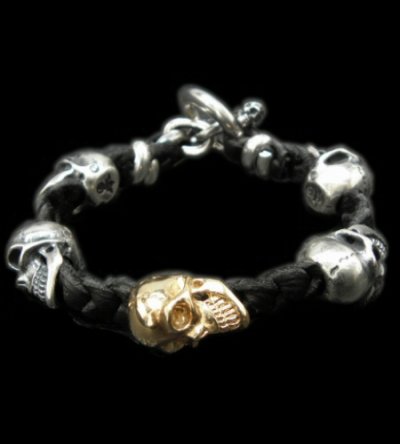 Photo1: 18k Gold Single Skull In All Skull Links Braid Leather Bracelet