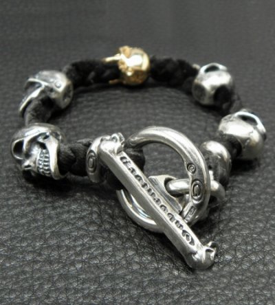 Photo2: 18k Gold Single Skull In All Skull Links Braid Leather Bracelet