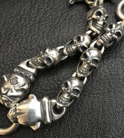 Photo2: Old Bull Dog With Panther & 6 Slant Head Skull Links Bracelet