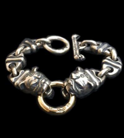 Photo1: 18K Gold O-ring With 2 Bulldogs & 4 Boat Links Bracelet