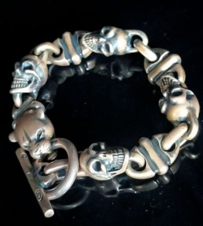 Photo1: Panther With 4Skulls & 3Boat Chain Links Bracelet