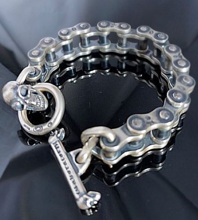 Photo1: Bike Chain With Skull Bracelet (Heavy wide small)