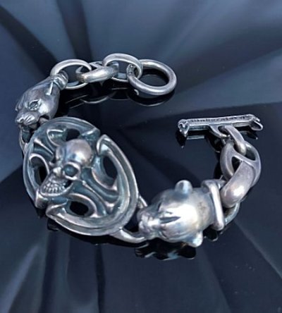 Photo2: Skull On Sculpted Oval With 2 Panthers & H.W.O & Anchor Chain Links Bracelet