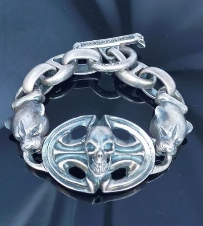 Photo1: Skull On Sculpted Oval With 2 Panthers & H.W.O & Anchor Chain Links Bracelet