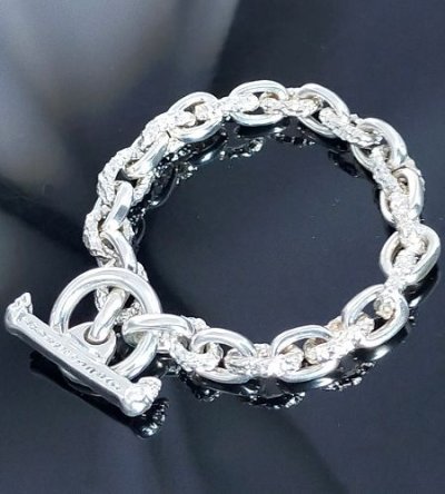 Photo1: Half Small Oval & Chiseled Small Oval Chain Links Bracelet (Platinum Finish)