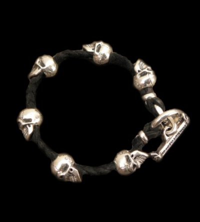 Photo1: Half size 6 skulls braid leather bracelet