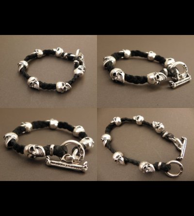 Photo3: Half size 6 skulls braid leather bracelet