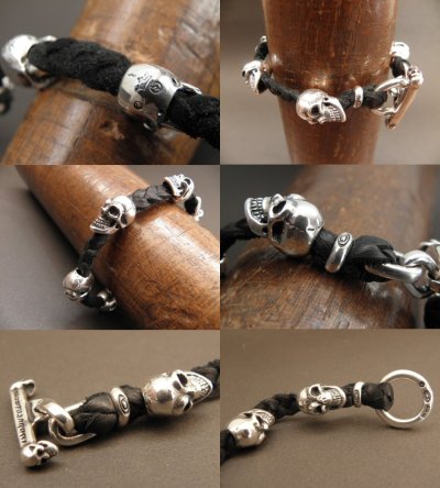 Photo4: Half size 6 skulls braid leather bracelet