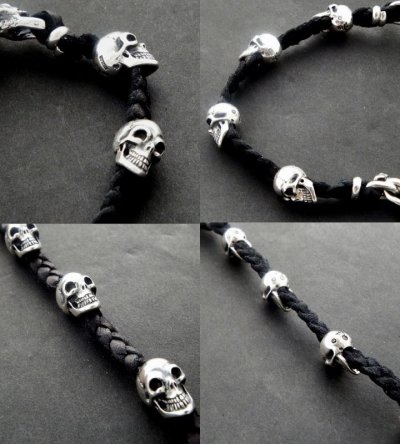 Photo2: Half Snake Head With Skulls braid leather bracelet